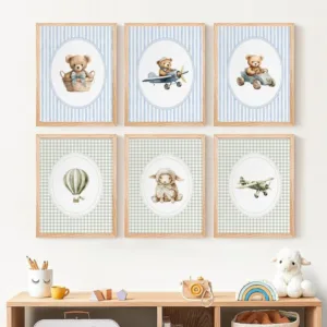 Vintage Hot Air Balloon Baby Sheep Cow Teddy Bear Plane Poster Canvas Painting Print Wall Art Sage Green for Room Nursery Decor