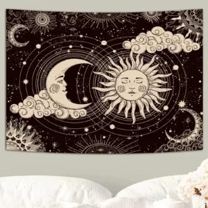 VIKAMA Sun and Moon Totem Tapestry Bohemian Black and White Starry Sky Wall Hanging for Bedroom Living Room Dorm Home Decor