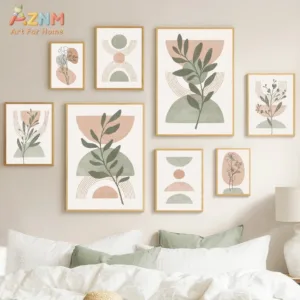 AZNM Unframed Boho Abstract Botanical Canvas Wall Art, Sage Green Blush Pink Geometric Leaf Flower Line Art Print, Minimalist Ne