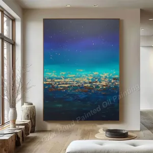 Hand-Painted Oil Painting on Canvas Wall Art Decor for Living Room, Luxury Gold Foil Starry Ocean Impasto Vertical Canvas Art
