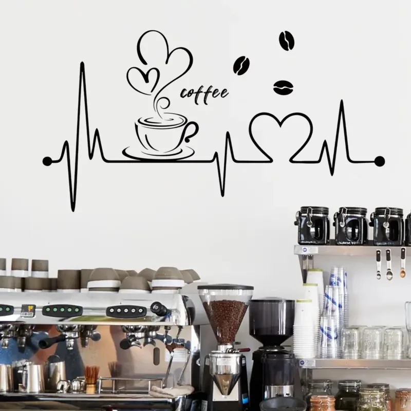 1pcs PVC Removable Wall Stickers for Living Room Decor Bedroom Coffee Shop Love Coffee ECG Pattern Wall Decal Kitchen Decoration