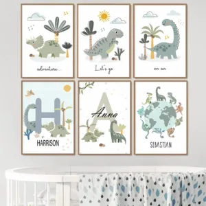 Baby Cute Dinosaur Poster Custom Name Letters Personalized Canvas Painting Wall Art Decoration Suitable for Baby Room