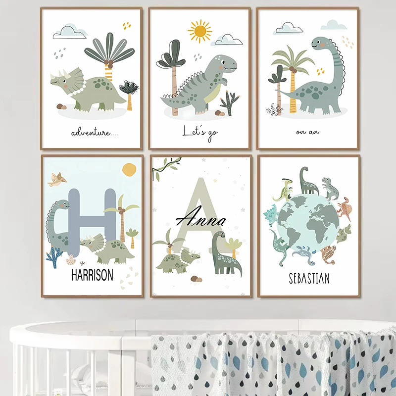 Baby Cute Dinosaur Poster Custom Name Letters Personalized Canvas Painting Wall Art Decoration Suitable for Baby Room