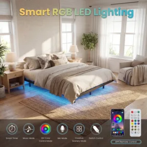 HOOMIC Heavy Duty Floating Bed Frame with Smart LED Lights and Charging Station, No Box Spring Needed  Twin/Full/Queen/King