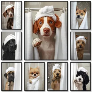 Cute Shower Dog Bathroom Decor Poster Dog in Bathtub Print Animal Art Canvas Painting for Home Decoration Dog Lover Gifts