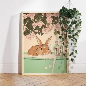 Japanese Bunny in Bathtub Canvas Print Poster Funny Rabbit Animal Art Prints Nursery Bathroom Wall Art Home Decor Easter Gifts