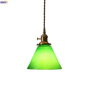 IWHD Triangle Green Glass LED Pendant Lights Fixtures Copper Home Decor Bedroom Bar Stair Edison Vintage Hanging Lamp Luminaira