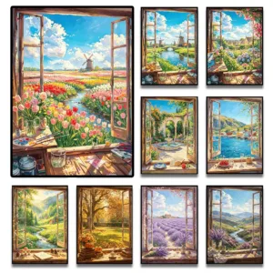 Open Window Poster Vibrant Window View Canvas Wall Art European Landscape Canvas Painting Nature Scenery Print For Living Room