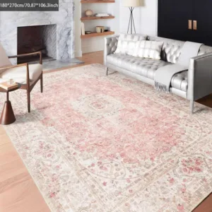 VIKAMA Pink and Vintage Persian Pattern Carpet, Light Luxury Atmosphere, Living Room Sofa Carpet, Bedroom Bedside Carpet