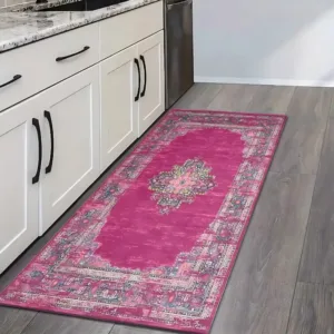 Luxury Fuchsia Persian Medallion Runner Rug, Artistic Distressed Pink Boho Kitchen Mat, Soft Washable Non-Slip Hallway Entrance