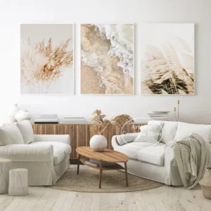 Neutral Boho Beach Coastal Pampas Grass Ocean Waves Photography Poster Canvas Painting Modern Wall Art Pictures Home Decor