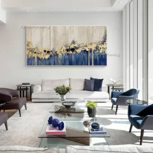 Handpainted Modern Gold Foil Blue And Beige Canvas Artwork Large Blue And Gray Abstract Thick Oil Painting For Room Decor