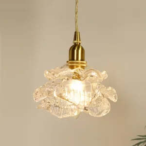 French Romantic Small Rose Glass Chandelier Lighting Bedside Bedroom Vintage Brass Light Luxury Hanging Lamp Living Dining Room