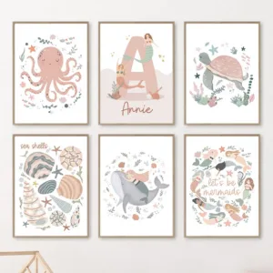 Cartoon Sea Animals Whale Mermaid Custom Baby Name Posters Nursery Canvas Painting Wall Art Print Picture Kids Girls Room Decor