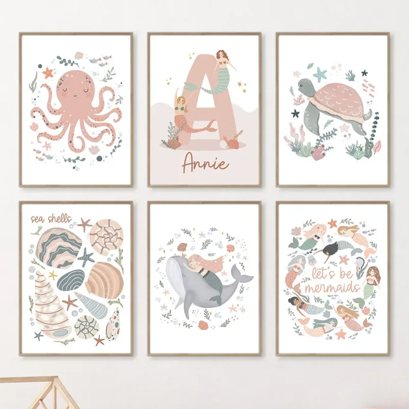 Cartoon Sea Animals Whale Mermaid Custom Baby Name Posters Nursery Canvas Painting Wall Art Print Picture Kids Girls Room Decor