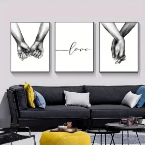 3pcs Black & White Minimalist Couple Holding Hands Frameless Canvas Love Text & Line Art Heart Poster Home Decor for Living Room