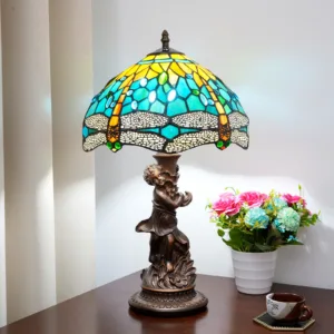 Boy's Desk Lamp Base Stained Glass Table Lamp 12-inch Dia Ocean Blue Dragonfly Design Lampshade Vintage Light for Bedroom Office