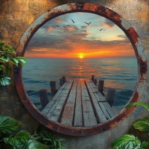 Vintage Beach Sunset Round Aluminum Wall Art Sign – 20.32x20.32 cm, Rustic Coastal Decor with Wooden Pier & Birds, Perfect for K