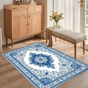 Blue White Medallion Persian Area Rug for Living Room Bedroom Traditional Oriental Home Decor Soft Non Slip Washable Floor Mat