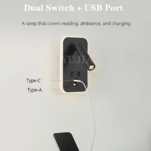 Modern Led Wall Sconce Reading Light 2 Switches Type-A & Type-C USB Ports 3W Adjustable Spotlight + 10W Backlight Bedside Lamp