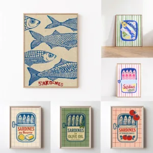 Pink Canned Sardines Canvas Print Sardine Fisherman Aesthetic Wall Art Poster for Modern Living Room Kitchen Home Decor Gifts