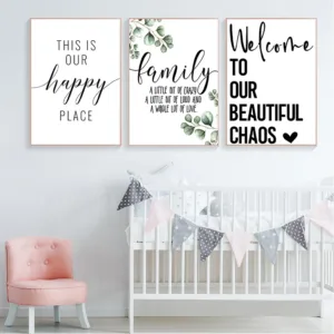 Family Simple Quote Picture Green Leaves Poster Black White Wall Art Canvas Painting Nordic Style Modern Print for Living Room