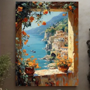 Mediterranean Window View Canvas Art -Amalfi Coast Painting, Italian Seaside Wall Decor, Coastal Home Accent, Tuscany Landscape