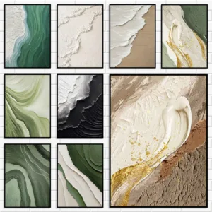 Thick Impasto Textured Canvas Wall Art Set Abstract Green Beige Gold Foil Relief Wave Poster for Living Room Bedroom Home Decor