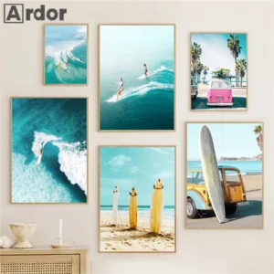 Nordic Sea Poster Summer Beach Surfing Swimming Posters Canvas Painting Bus Surfboard Wall Art Print Pictures Living Room Decor