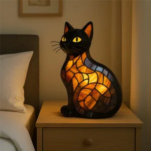 A03F-Retro Stained Glass Cat Lamp Cats Stained Resin 3D Cute Tabletop Pet Led Table Light High Quality Home Bedroom Lighting