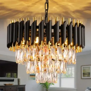 Modern Black and Gold Crystal Chandelier, Adjustable Chain Hanging Ceiling Light Fixture - Dining Room/Living Room/Bedroom/Foyer
