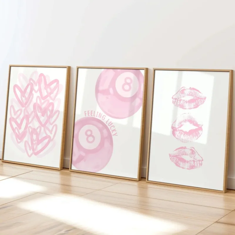3pcs/set Feeling Lucky Pink Heart Canvas Print Poster Kiss 8 Ball Modern Aesthetic Art Print Wall Art Valentine's Day Home Decor