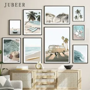 Summer Ocean Sea Wave Poster Beach Surfboard Bus Tree Canvas Painting Travel Vacation Nordic Wall Art Picture Home Decor