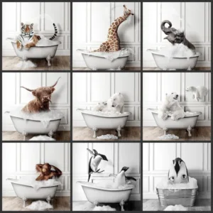 Animal Bath In Bathtub Poster Tiger Giraffe Elephant Penguin Canvas Painting Wall Art Picture Children'S Room Home Decor