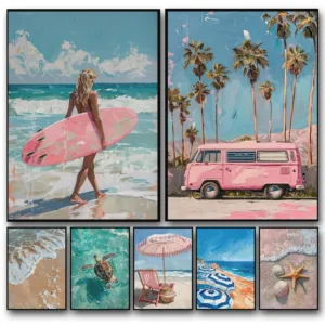Beach Girly French Summe Cactus Palm Tree Sea Turtle Seashells Poster Print Wall Art Pictures Canvas Painting Room Home Decor