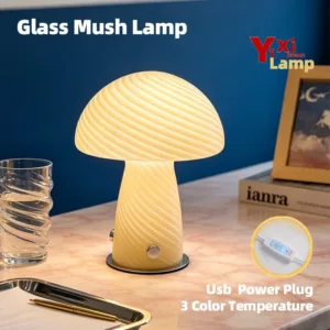 Mid Century Murano Glass Mushroom Table Lamp, Plug-in LED Bedside Light for Retro Aesthetic Living Room Home Decor