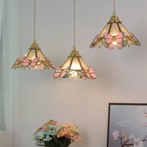 Vintage Brass Handcrafted Stained Glass Chandelier Japanese Restaurant Cozy Hang Lamp Bedside French Light Pink Butterfly Light