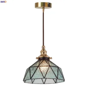 IWHD American Vintage Glass LED Hanging Lamp Loft Cafe Bar Bedroom Restaurant Living Room Tiffany Style Brass Pendent Lights