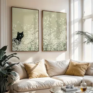 Flower Field Cat Series 2pcs Wall Art Sage Green Spring Poster Black Decoration Frameless Bohemian Simple Country Painting