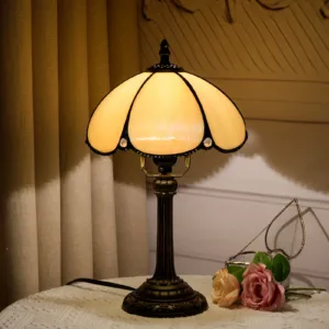 8 inch Modern Stained Glass Bedside Table Lamp Beige Lampshade Desk Reading Night Light for Living Room Home Bedroom Office
