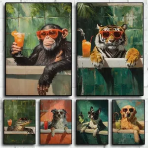Funny Tropical Bathroom Animals Drinking Cocktail in Bathtub Monkey Tiger Poster Canvas Painting Wall Art Pictures Home Decor