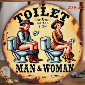 Vintage Western Cowboy Man & Woman Toilet Funny Retro 2D Flat Round Metal Tin Sign Wall Art Plaque For Bathroom Home Decor