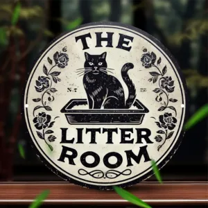 2D Flat - Vintage-Style Round Aluminum "Litter Room" Wall Sign with Cat Illustration & Floral Accents - 7.8 Inch, Durable, Easy-