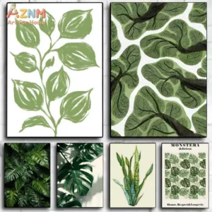 AZNM Sage Green Tropical Leaf Canvas Wall Art Monstera Snake Plant Botanical Minimalist Unframed Print For Living Room Bathroom