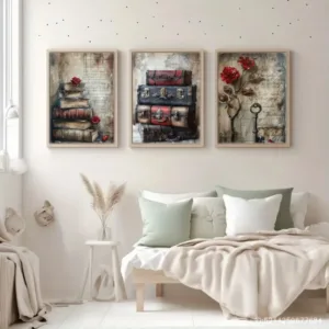 Set of 3 Wood Framed Prints - 2D Graphic Design Hanging Wall Art Unique Style for Home Decor