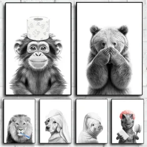 Funny Canvas Poster Cat Giraffe Dog Elephant Toilet Paper Bathtub Funny Bathroom Poster Wall Art Shower Room Home Decoration