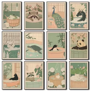 Japanese Bathroom Art Poster Cute Animals in Bathtub Canvas Printed Decorative Painting, Used for Bathroom Decoration, Frameless