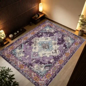 Vintage Bohemian Purple Persian Area Rug Ethnic Floral Medallion Carpet Washable Non-Slip Living Room Bedroom Mat