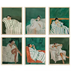 Emerald Green Abstract Stripe Woman Poster Modern Artwork Minimalist Female Canvas Painting Wall Art Living Room Home Decor