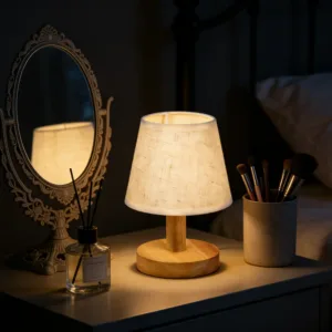 1PC Minimalist Wooden Table Lamp with Linen Shade, Simple Round Base Bedside Lamp for Bedroom Living Room